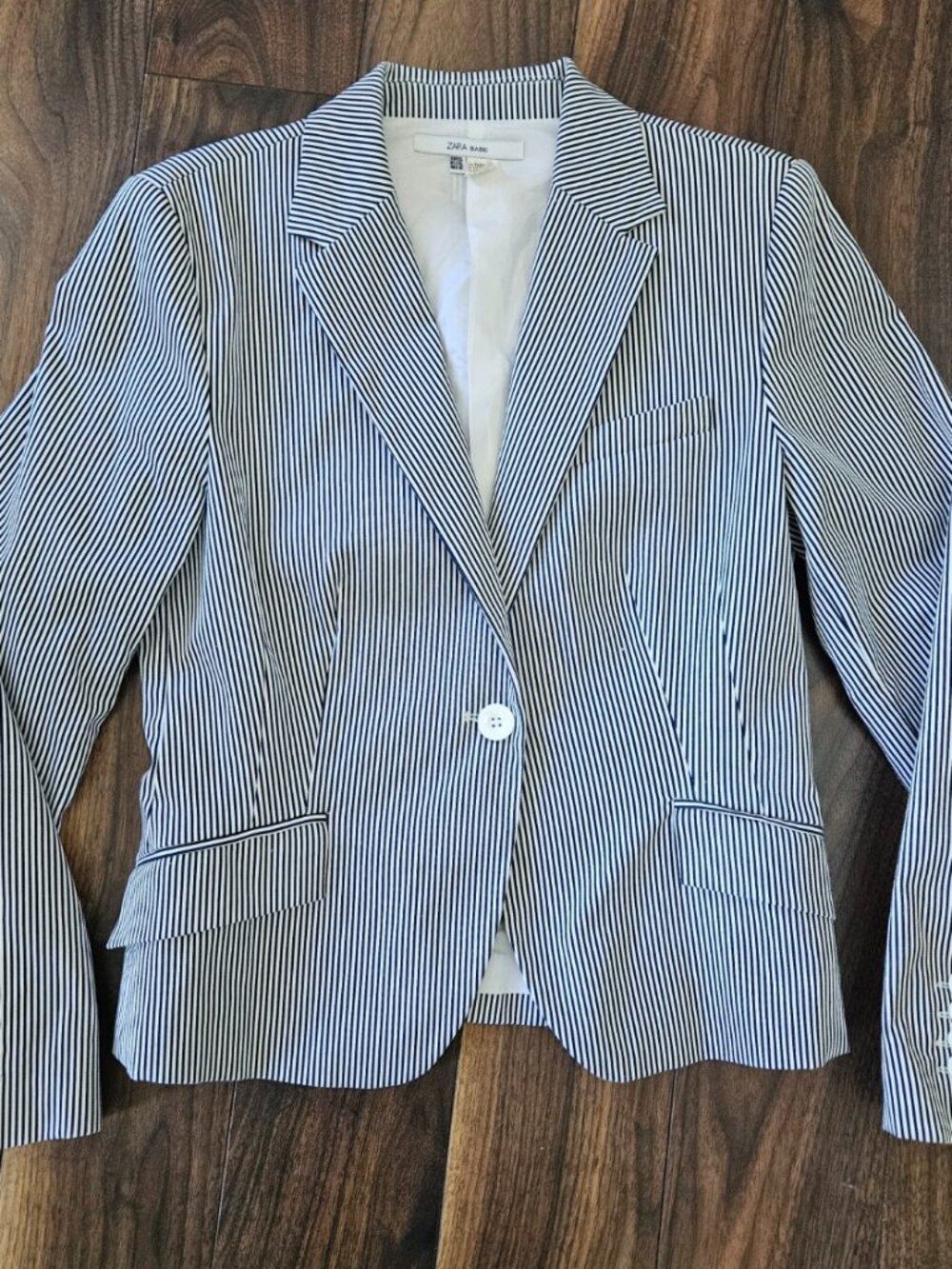 ZARA BASIC Blue & White Stripe Lined Blazer Jacket Womens Size Medium